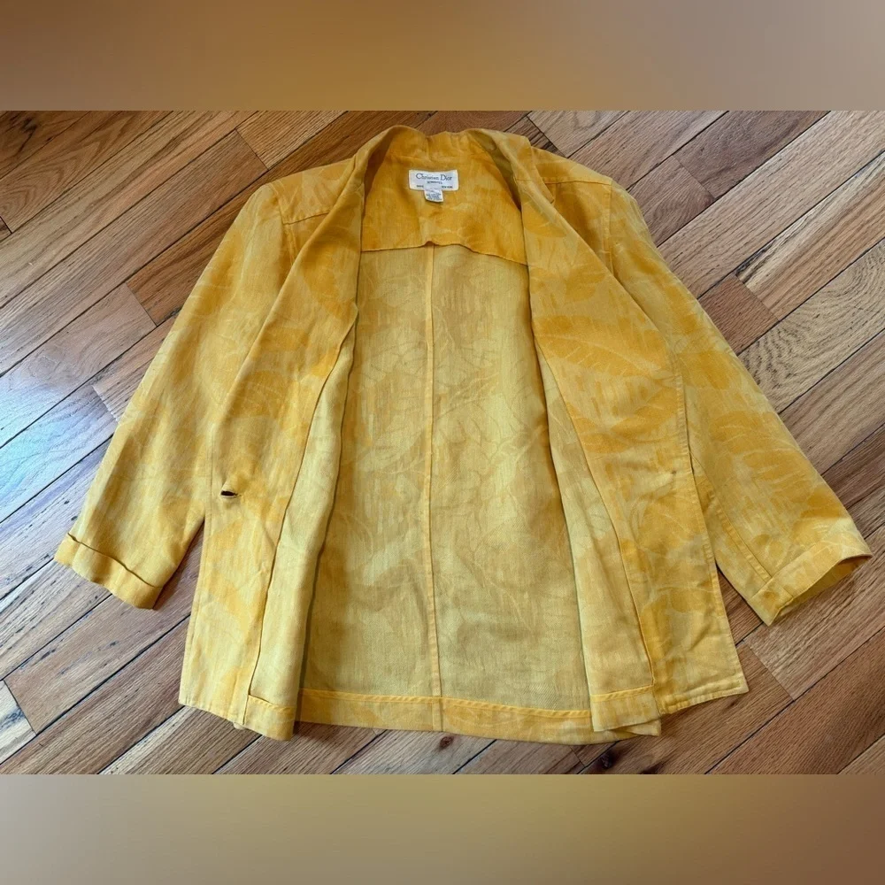 VTG Christian Dior 1 Button Cotton/Linen Yellow Palm Women’s Blazer Size 6 READ